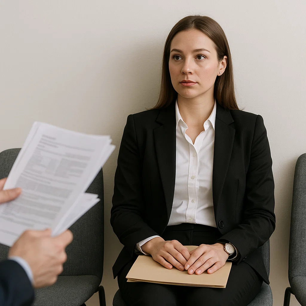 A professional job candidate waiting for an interview while background check reports are reviewed