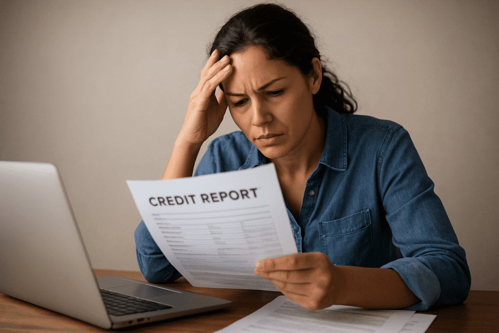 A concerned person reviewing a credit report with a laptop and documents on a table