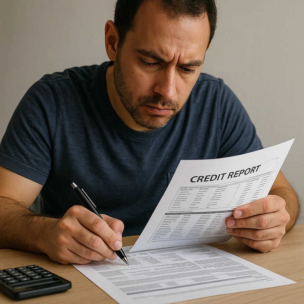 Person reviewing financial documents to correct errors on a credit report